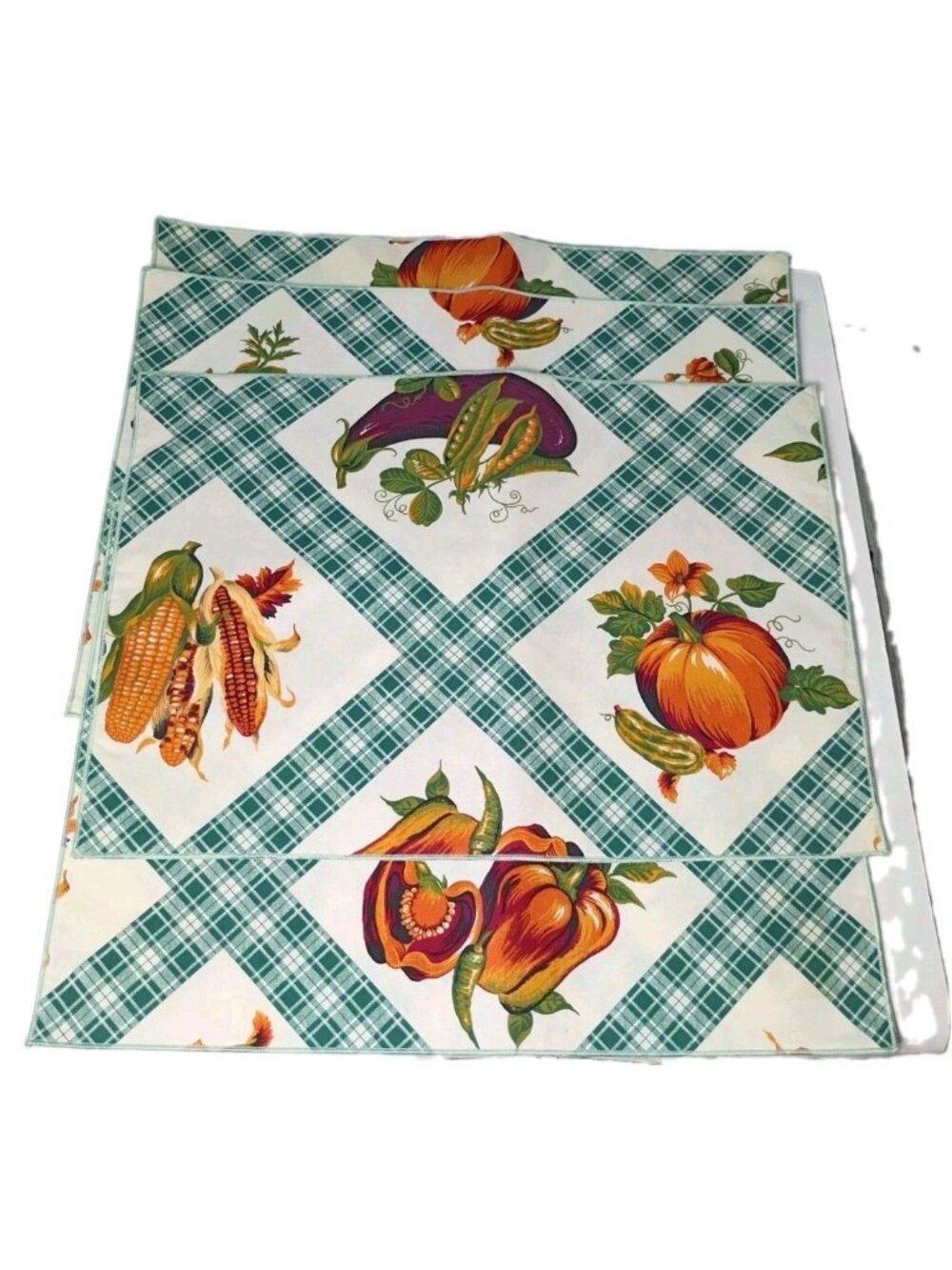 Set of 4 Fabric Plaid Harvest Vegetable Placemats Double Sided Fall Thanksgiving